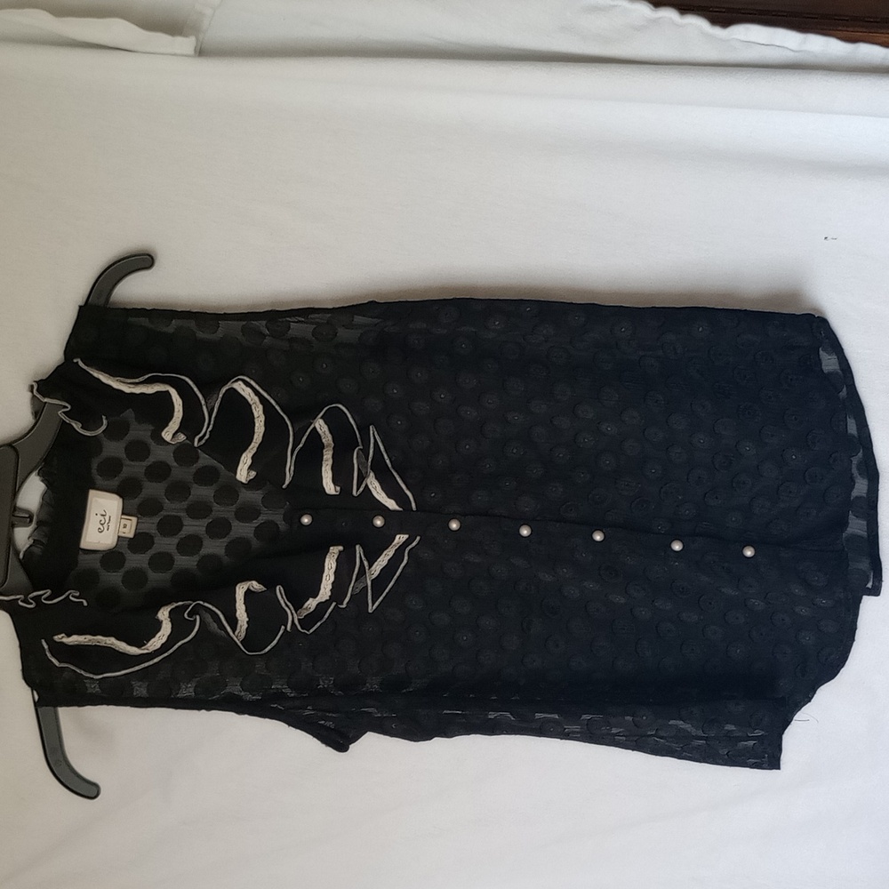 Eci black polka dot sheer ruffle neck blouse